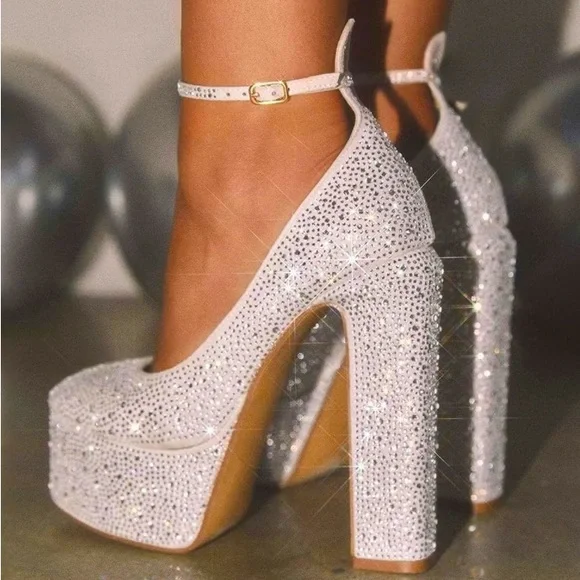 Silver Ankle Strap Closed Toe Statement Platform Block Heel Size